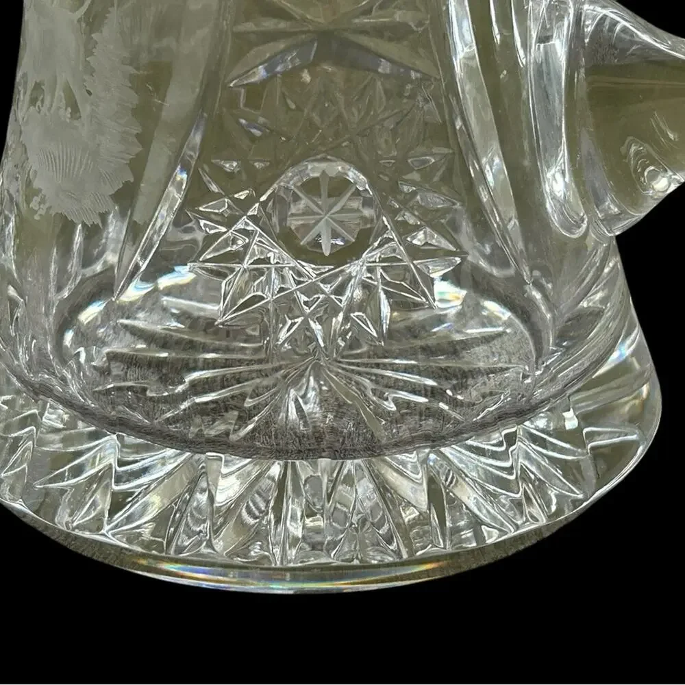 Vintage‎ Crystal Beer Stein Etched Deer Scene w/ Ornate Pewter Lid Barware